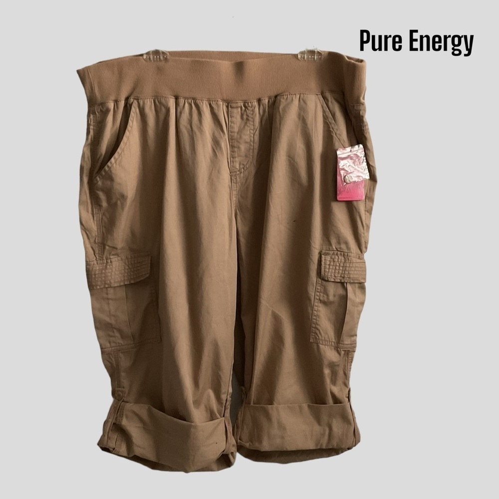 Pure Energy Women Bermuda Tan Capri Roll Short Elastic Waist Cargo Sz 3 (12-14)